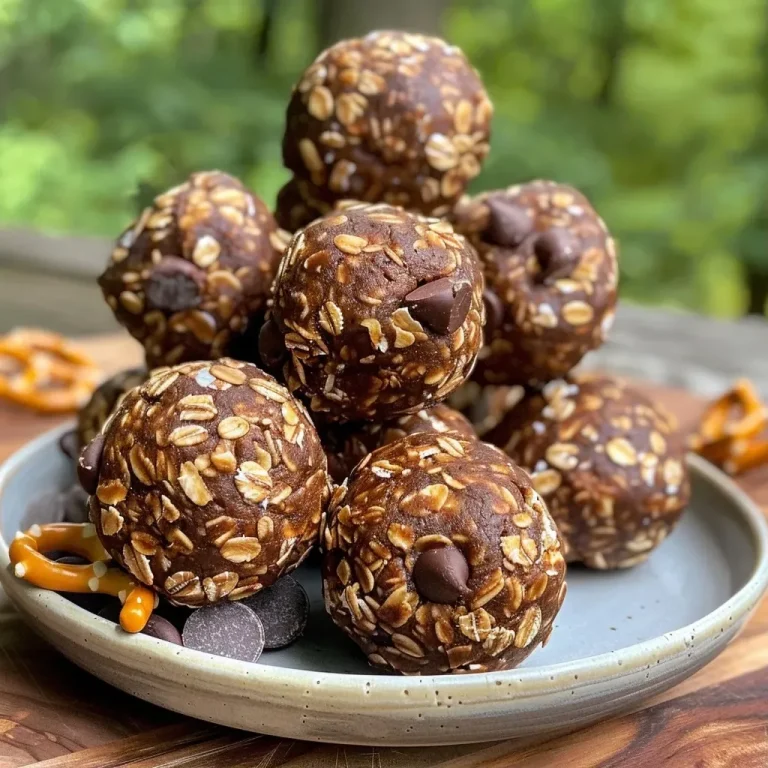 ['Close-up of chocolate peanut butter pretzel energy balls, showcasing their texture and components.', 'Side view of delicious energy balls made with oats, peanut butter, pretzels, and chocolate chips.', 'Juicy chocolate peanut butter pretzel energy balls arranged on a surface, highlighting their crunchy and chewy aspects.', 'A detailed look at energy balls featuring a mix of oats, pretzel pieces, and chocolate, perfect for a snack.']
