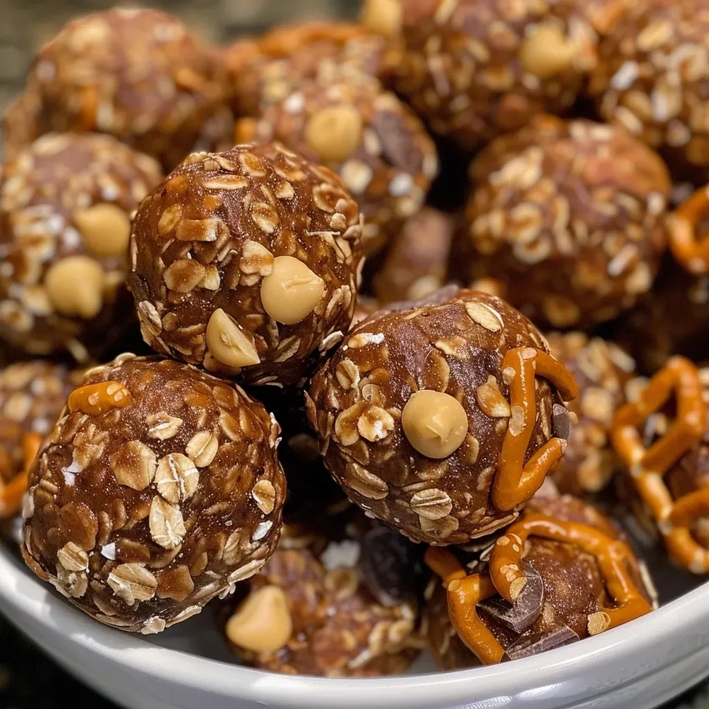 Close-up of chocolate peanut butter pretzel energy balls, showcasing their texture and components.