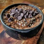 ['Close-up view of Chocolate Protein Overnight Oats topped with mini chocolate chips and chia seeds.', 'Side view of a bowl of Chocolate Protein Overnight Oats showcasing a creamy texture with chocolate chips.', 'A detailed shot of Chocolate Protein Overnight Oats in a clear glass jar with layers of oats and chocolate.', 'Close-up of a spoonful of Chocolate Protein Overnight Oats showing chocolate powder and toppings.']