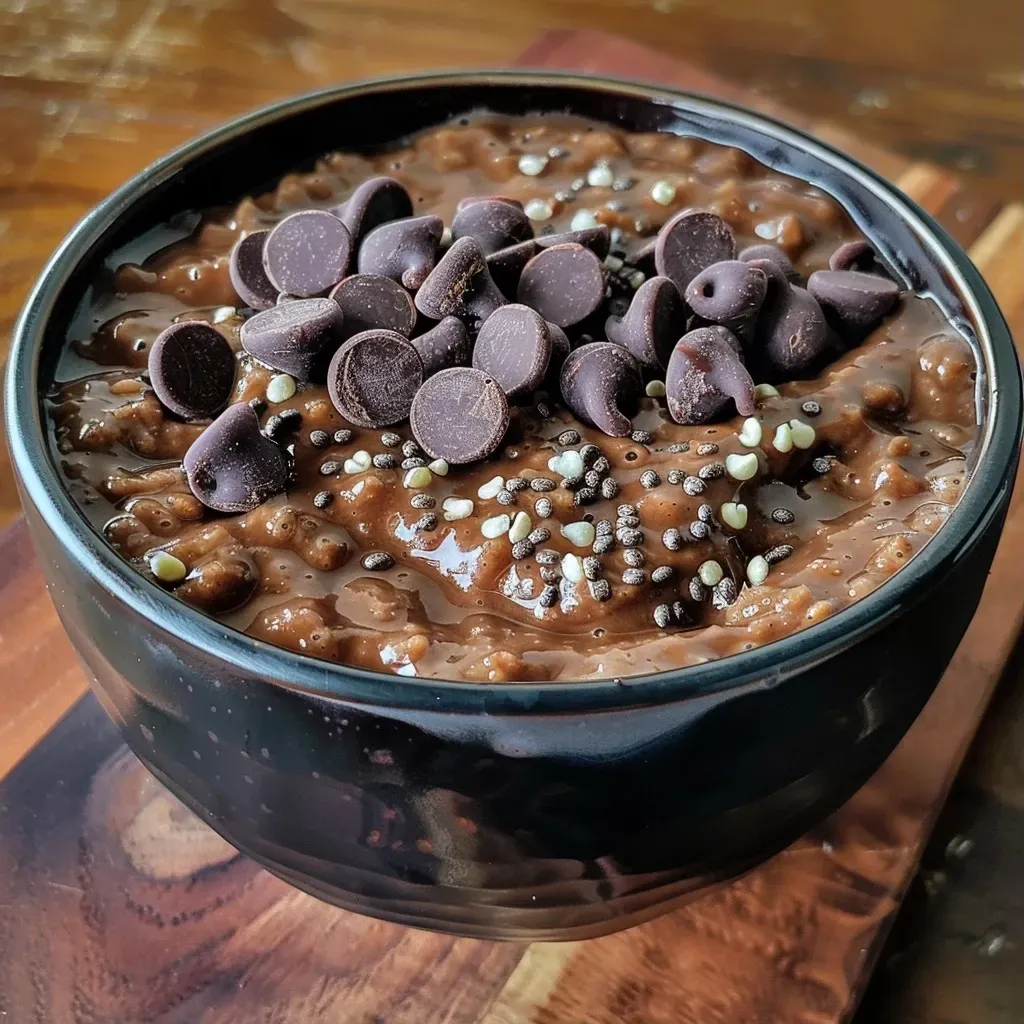 ['Close-up view of Chocolate Protein Overnight Oats topped with mini chocolate chips and chia seeds.', 'Side view of a bowl of Chocolate Protein Overnight Oats showcasing a creamy texture with chocolate chips.', 'A detailed shot of Chocolate Protein Overnight Oats in a clear glass jar with layers of oats and chocolate.', 'Close-up of a spoonful of Chocolate Protein Overnight Oats showing chocolate powder and toppings.']