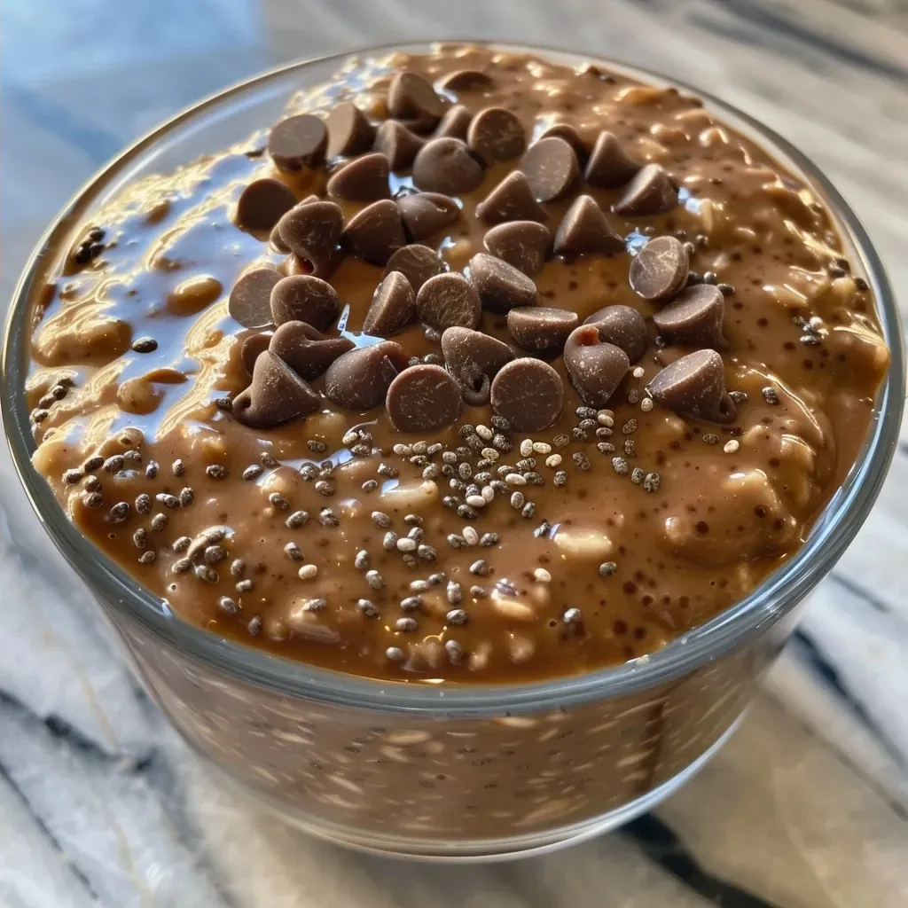['Close-up view of Chocolate Protein Overnight Oats topped with mini chocolate chips and chia seeds.', 'Side view of a bowl of Chocolate Protein Overnight Oats showcasing a creamy texture with chocolate chips.', 'A detailed shot of Chocolate Protein Overnight Oats in a clear glass jar with layers of oats and chocolate.', 'Close-up of a spoonful of Chocolate Protein Overnight Oats showing chocolate powder and toppings.']