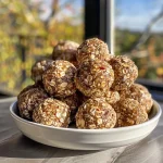 ['Close-up side view of cinnamon apple energy balls on a wooden surface.', 'Juicy and delicious cinnamon apple energy balls displayed in a natural setting.', 'Healthy cinnamon apple energy balls arranged neatly, highlighting their texture.', 'A cluster of cinnamon apple energy balls with a focus on their ingredients.']
