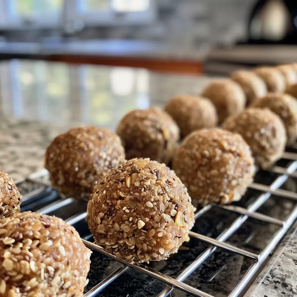 ['Close-up side view of cinnamon apple energy balls on a wooden surface.', 'Juicy and delicious cinnamon apple energy balls displayed in a natural setting.', 'Healthy cinnamon apple energy balls arranged neatly, highlighting their texture.', 'A cluster of cinnamon apple energy balls with a focus on their ingredients.']