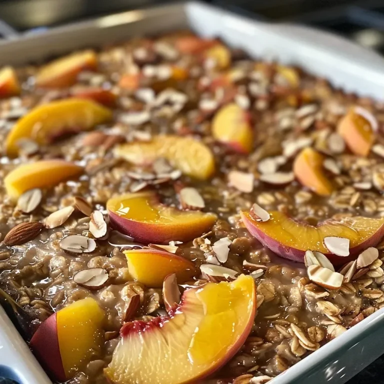 ['A side view of a bowl of Cinnamon Peach Almond Baked Oatmeal topped with sliced peaches and almonds.', 'Close-up image of baked oatmeal featuring peach chunks and almond slices in a bowl.', 'Deliciously baked oatmeal with peaches and almonds, showcasing a warm and inviting texture.', 'A vibrant dish of Cinnamon Peach Almond Baked Oatmeal garnished with fresh peach slices and toasted almonds.']