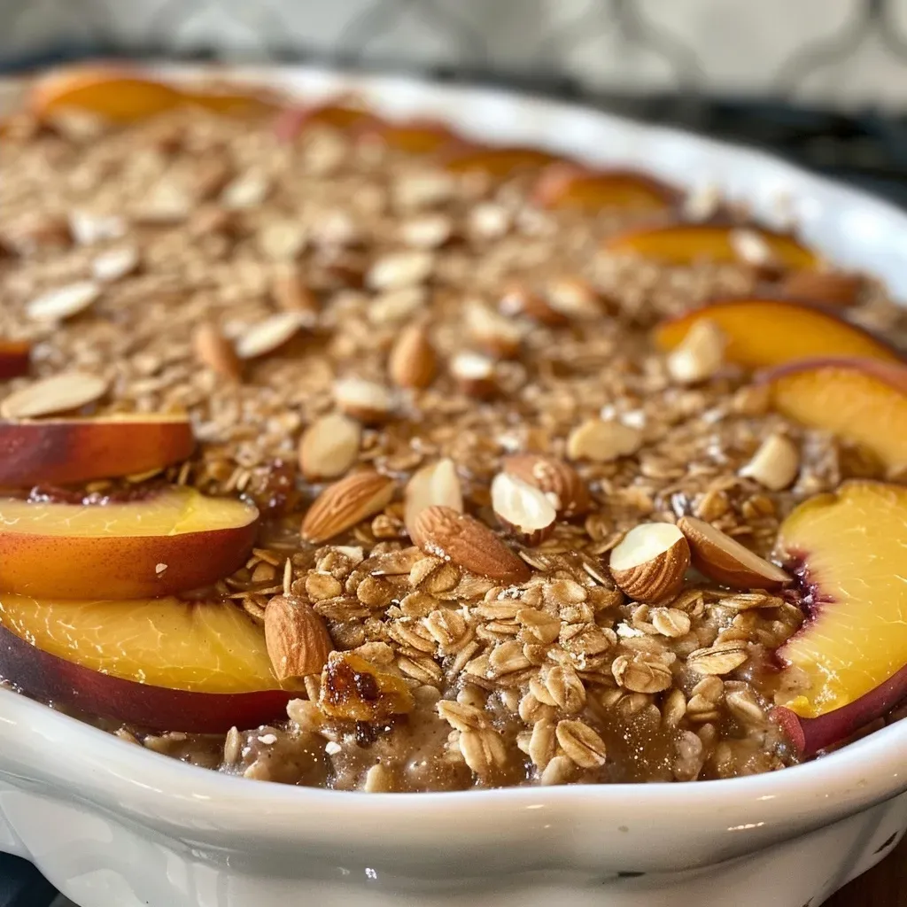 ['A side view of a bowl of Cinnamon Peach Almond Baked Oatmeal topped with sliced peaches and almonds.', 'Close-up image of baked oatmeal featuring peach chunks and almond slices in a bowl.', 'Deliciously baked oatmeal with peaches and almonds, showcasing a warm and inviting texture.', 'A vibrant dish of Cinnamon Peach Almond Baked Oatmeal garnished with fresh peach slices and toasted almonds.']