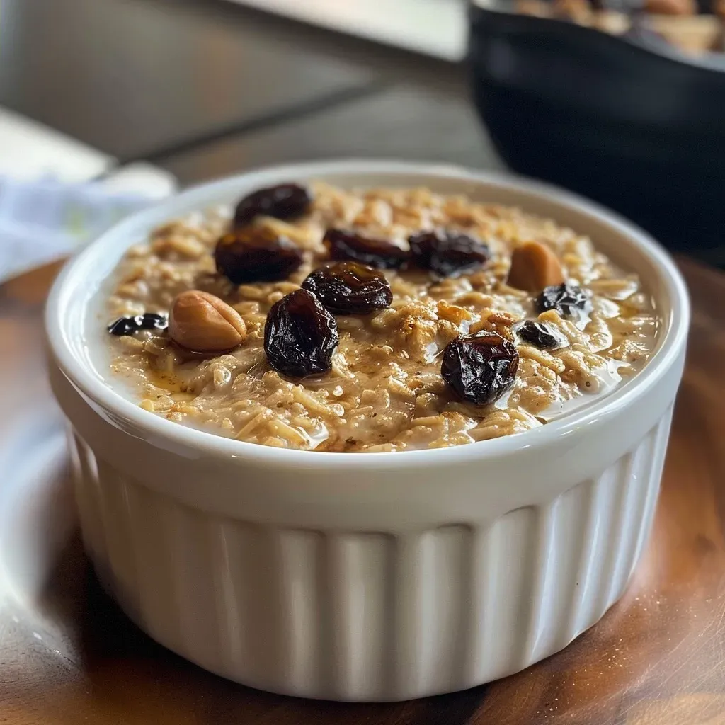 ['Close-up of baked oats with cinnamon and raisins, showing texture and ingredients.', 'Side view of a dish of Cinnamon Raisin Baked Oats, topped with raisins and a sprinkle of cinnamon.', 'A fork ready to dive into a serving of Cinnamon Raisin Baked Oats, highlighting the creamy texture.', 'Delicious Cinnamon Raisin Baked Oats in a bowl, showcasing the oats and raisins.']