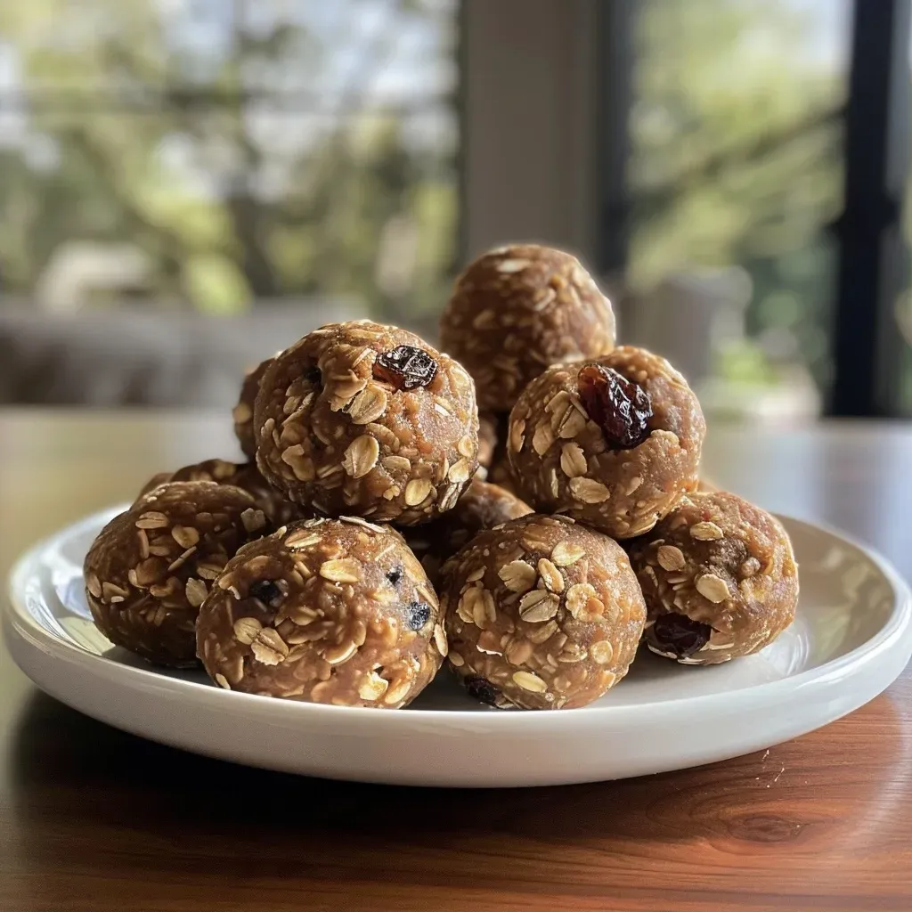 ['Close-up view of golden-brown Cinnamon Raisin Protein Balls with visible oats and raisins.', 'Side view of delicious protein balls featuring cinnamon and raisin highlights on a wooden surface.', 'Textured Cinnamon Raisin Protein Balls displayed attractively, showcasing their juicy interior.', 'Juicy protein balls made with oats, cashew butter, and raisins, arranged on a light background.']