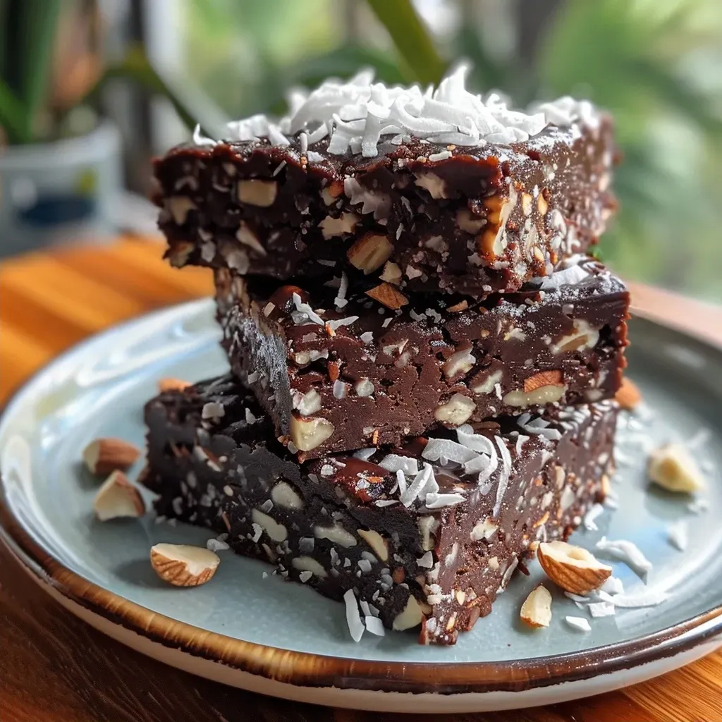 ['Close-up side view of moist coconut brownies with chocolate chips.', 'Rich, gooey coconut brownies displayed on a plate.', 'Delicious coconut brownies featuring a shiny chocolate top.', 'Detailed view of brownies topped with shredded coconut and chocolate.']