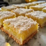 ['Close-up view of Coconut Lemon Bars with a golden crust, topped with powdered sugar.', 'Vertical slice of Coconut Lemon Bars displaying a creamy lemon filling and shredded coconut.', 'Side angle of Coconut Lemon Bars showcasing the crumbly crust and zesty yellow filling.', 'Detailed shot of Coconut Lemon Bars highlighting the texture of coconut and lemon zest on top.']