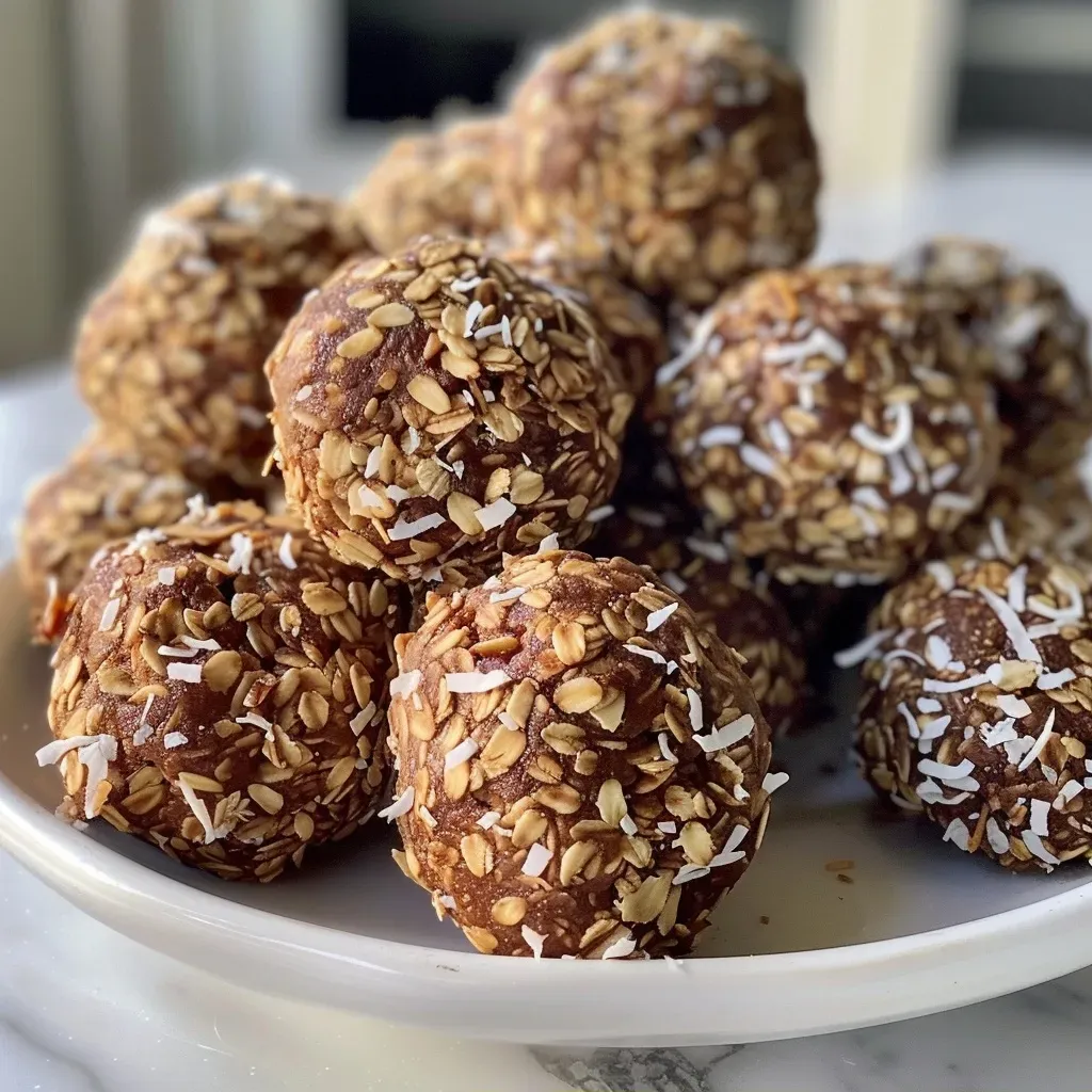 Close-up side view of coconut mocha energy balls with a glistening chocolate surface.