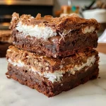 ['A close-up side view of a coconut stuffed brownie, showcasing its rich chocolate layers and coconut filling.', 'A delicious coconut stuffed brownie cut in half, revealing the creamy coconut filling surrounded by chocolate.', 'An iPhone 15 Pro photo of a brownie with a glossy chocolate top and a visible coconut stuffing.', 'A side view of a decadent brownie with a tempting coconut layer, highlighting its texture and ingredients.']
