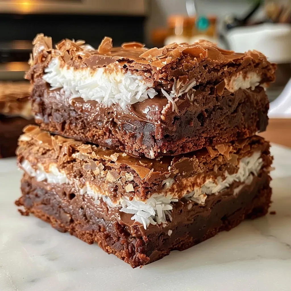 ['A close-up side view of a coconut stuffed brownie, showcasing its rich chocolate layers and coconut filling.', 'A delicious coconut stuffed brownie cut in half, revealing the creamy coconut filling surrounded by chocolate.', 'An iPhone 15 Pro photo of a brownie with a glossy chocolate top and a visible coconut stuffing.', 'A side view of a decadent brownie with a tempting coconut layer, highlighting its texture and ingredients.']