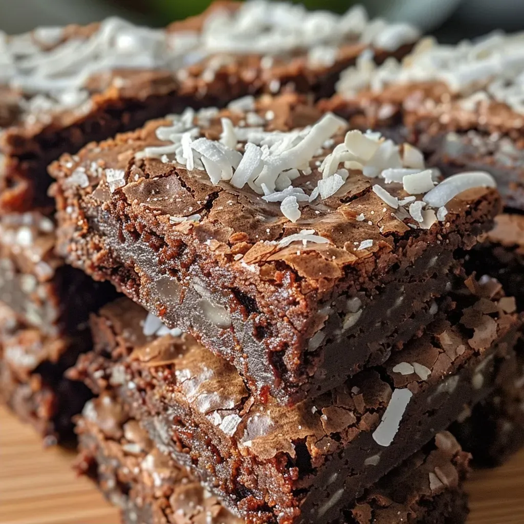 A close-up side view of a coconut stuffed brownie, showcasing its rich chocolate layers and coconut filling.