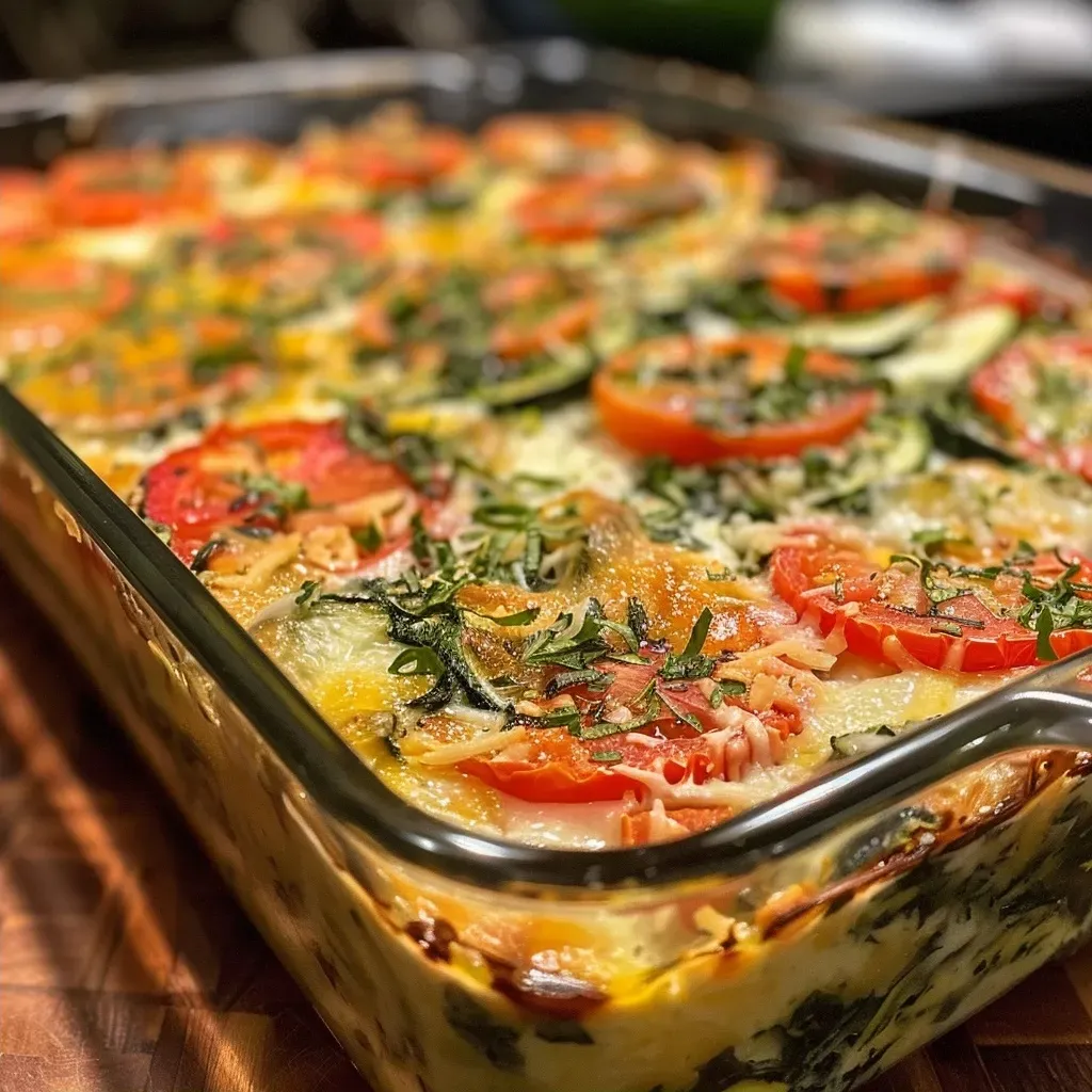 Close-up view of a cottage cheese and veggie bake, showcasing layered veggies and cheese.
