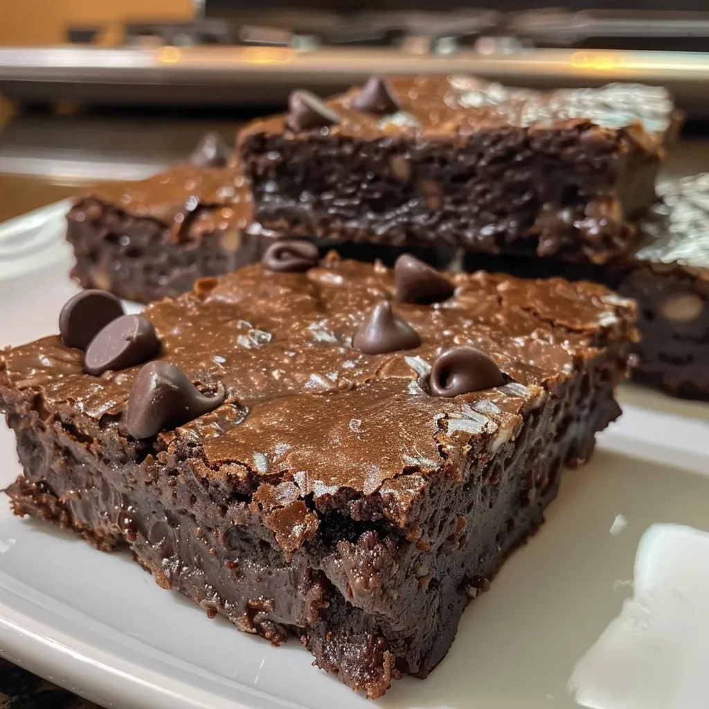 ['Close-up of moist Cottage Cheese Protein Brownies with chocolate chips.', 'Side view of homemade Cottage Cheese Protein Brownies topped with dark chocolate.', 'Detailed shot of decadent Cottage Cheese Protein Brownies with a fudgy texture.', 'Freshly baked Cottage Cheese Protein Brownies showcasing a rich cocoa color.']