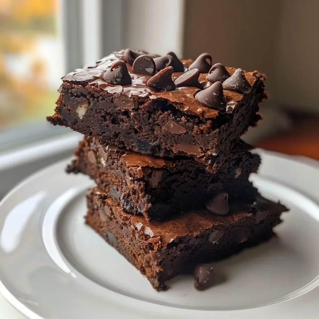 ['Close-up of moist Cottage Cheese Protein Brownies with chocolate chips.', 'Side view of homemade Cottage Cheese Protein Brownies topped with dark chocolate.', 'Detailed shot of decadent Cottage Cheese Protein Brownies with a fudgy texture.', 'Freshly baked Cottage Cheese Protein Brownies showcasing a rich cocoa color.']
