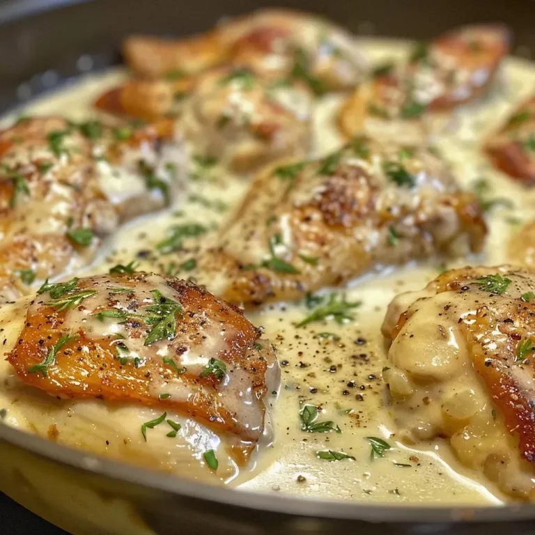 ['Close-up view of creamy garlic chicken garnished with parsley.', 'Juicy chicken breasts in a rich creamy garlic sauce with whole garlic cloves.', 'Side view of plated creamy garlic chicken showcasing its sauce and seasonings.', 'Detail shot of succulent creamy garlic chicken with visible herbs and spices.']