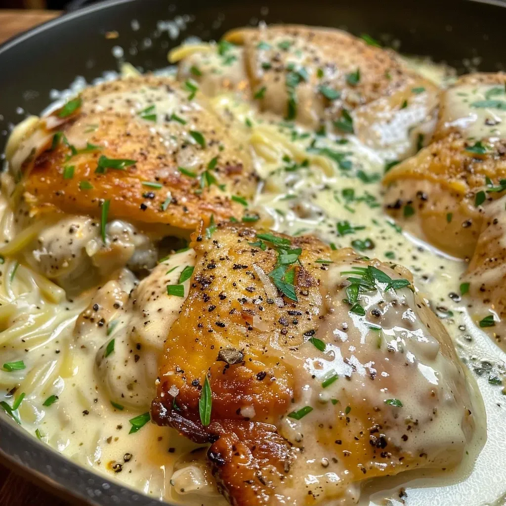 Close-up view of creamy garlic chicken garnished with parsley.