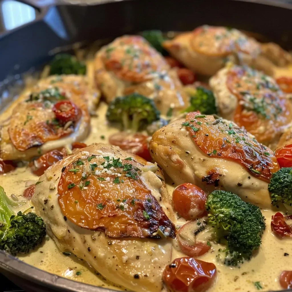 Close-up of creamy low-carb Tuscan chicken with broccoli and tomatoes.