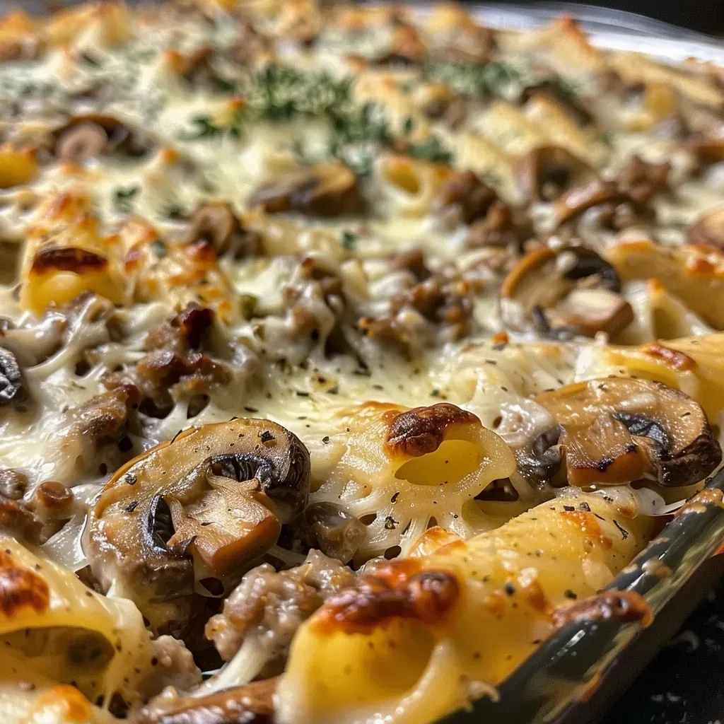 ['Close-up view of a creamy mushroom ground beef bake topped with melted cheese and herbs.', 'Side angle photo of a delicious ground beef bake with pasta, mushrooms, and creamy sauce.', 'Juicy mushroom ground beef casserole with a golden cheese layer, served in a baking dish.', 'Appetizing dish of creamy mushroom ground beef bake showcasing rich textures and ingredients.']