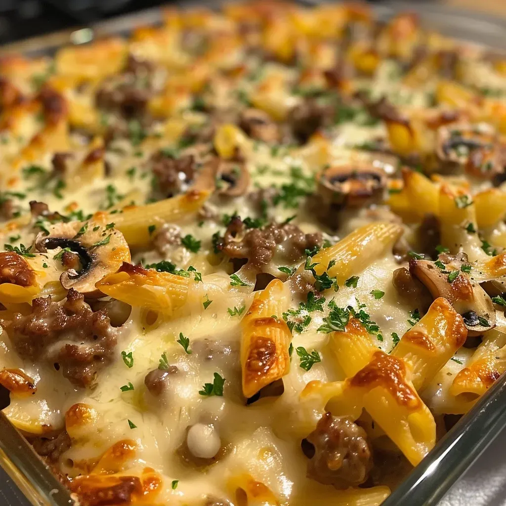 Close-up view of a creamy mushroom ground beef bake topped with melted cheese and herbs.