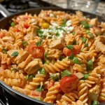 ['Close-up view of creamy tomato chicken pasta with rotini and fresh herbs.', 'Side view of delicious creamy tomato chicken pasta garnished with parsley and green onions.', 'A colorful plate of creamy tomato chicken pasta featuring bite-sized chicken pieces and melted mozzarella.', 'Rich creamy tomato chicken pasta showcasing rotini pasta and vibrant chopped tomatoes.']