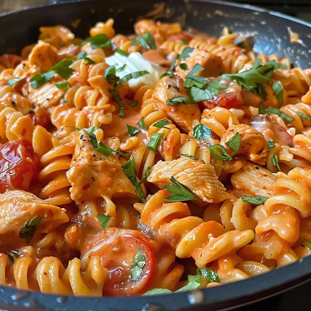 Close-up view of creamy tomato chicken pasta with rotini and fresh herbs.