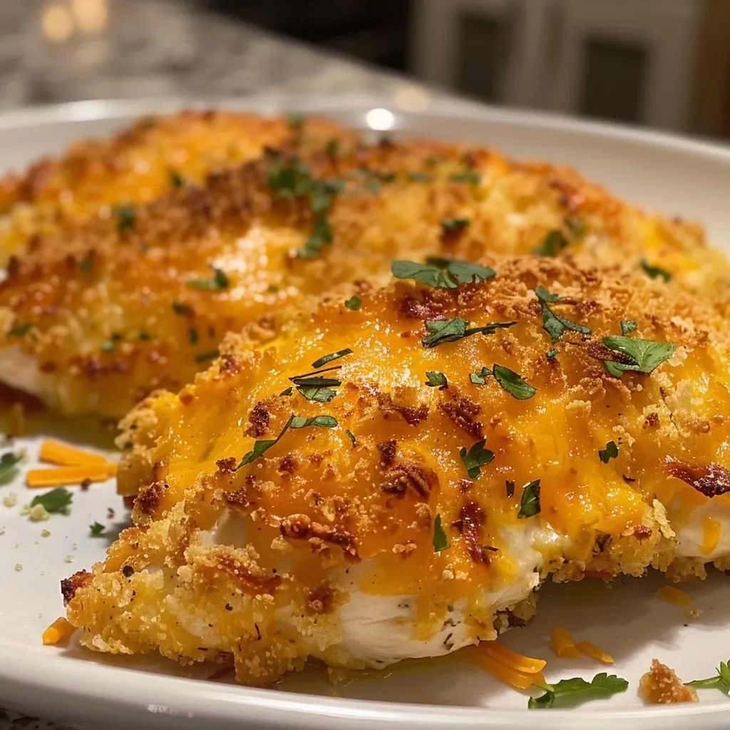 ['Juicy, golden-brown Crispy Cheddar Chicken with a crunchy coating.', 'Side view of Crispy Cheddar Chicken, showcasing melted cheese and crispy crust.', 'Close-up of Crispy Cheddar Chicken, highlighting its tender meat and cheesy topping.', 'Delicious Crispy Cheddar Chicken with a rich, cheesy crust and garnished parsley.']