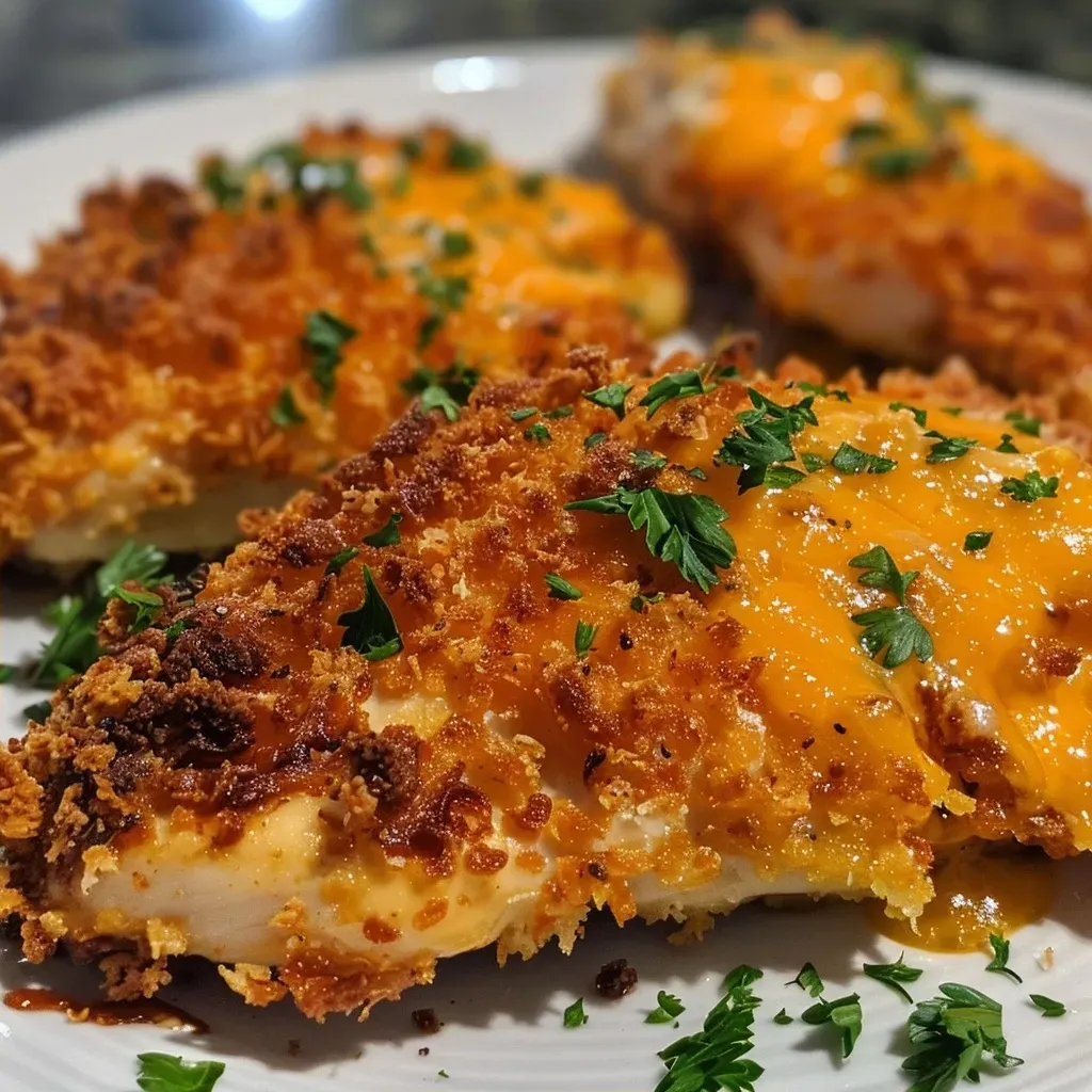 ['Juicy, golden-brown Crispy Cheddar Chicken with a crunchy coating.', 'Side view of Crispy Cheddar Chicken, showcasing melted cheese and crispy crust.', 'Close-up of Crispy Cheddar Chicken, highlighting its tender meat and cheesy topping.', 'Delicious Crispy Cheddar Chicken with a rich, cheesy crust and garnished parsley.']
