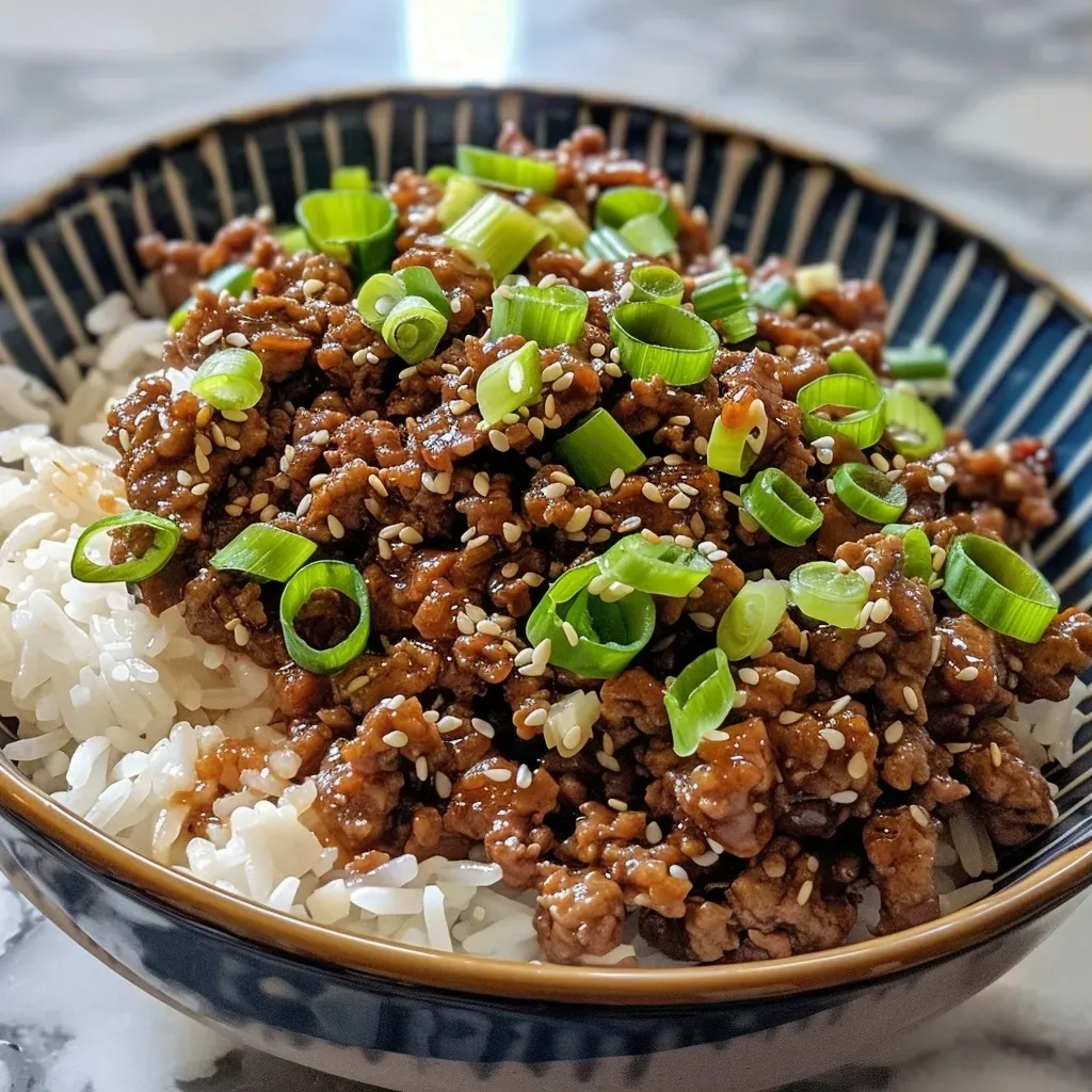 ['A close-up side view of a crispy honey garlic ground beef rice bowl garnished with green onions.', 'Juicy ground beef in a honey garlic sauce served over fluffy white rice, with visible garlic and green onion.', 'A delicious rice bowl featuring ground beef glazed with honey garlic sauce, styled with sliced green onions.', 'A vibrant dish of crispy ground beef mixed with honey garlic sauce and served atop a bed of white rice.']