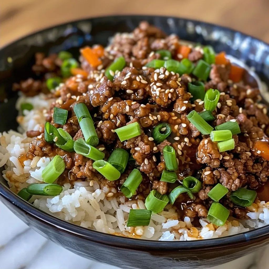 ['A close-up side view of a crispy honey garlic ground beef rice bowl garnished with green onions.', 'Juicy ground beef in a honey garlic sauce served over fluffy white rice, with visible garlic and green onion.', 'A delicious rice bowl featuring ground beef glazed with honey garlic sauce, styled with sliced green onions.', 'A vibrant dish of crispy ground beef mixed with honey garlic sauce and served atop a bed of white rice.']