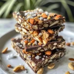 ['Close-up side view of a dark chocolate and sea salt nut bar, showcasing its texture and ingredients.', 'Detailed image of a nut bar featuring dark chocolate coating and sea salt flecks, viewed from the side.', 'Side profile of a nut bar with a glossy dark chocolate layer and visible nut pieces, sprinkled with sea salt.', 'Textured side view of a nut bar made with various nuts, puffed rice, and dark chocolate, topped with sea salt.']