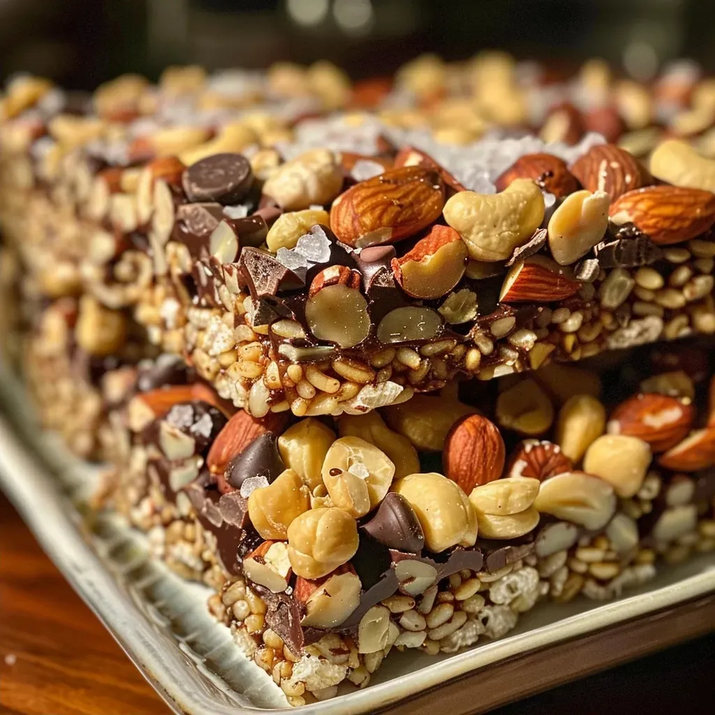 ['Close-up side view of a dark chocolate and sea salt nut bar, showcasing its texture and ingredients.', 'Detailed image of a nut bar featuring dark chocolate coating and sea salt flecks, viewed from the side.', 'Side profile of a nut bar with a glossy dark chocolate layer and visible nut pieces, sprinkled with sea salt.', 'Textured side view of a nut bar made with various nuts, puffed rice, and dark chocolate, topped with sea salt.']