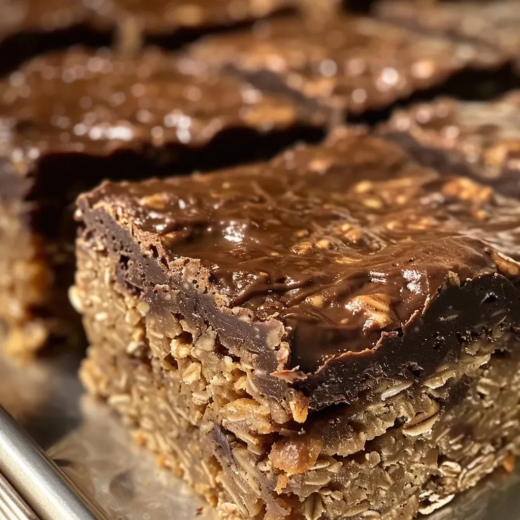 Close-up side view of dark chocolate, date, and oatmeal bars on a plate.
