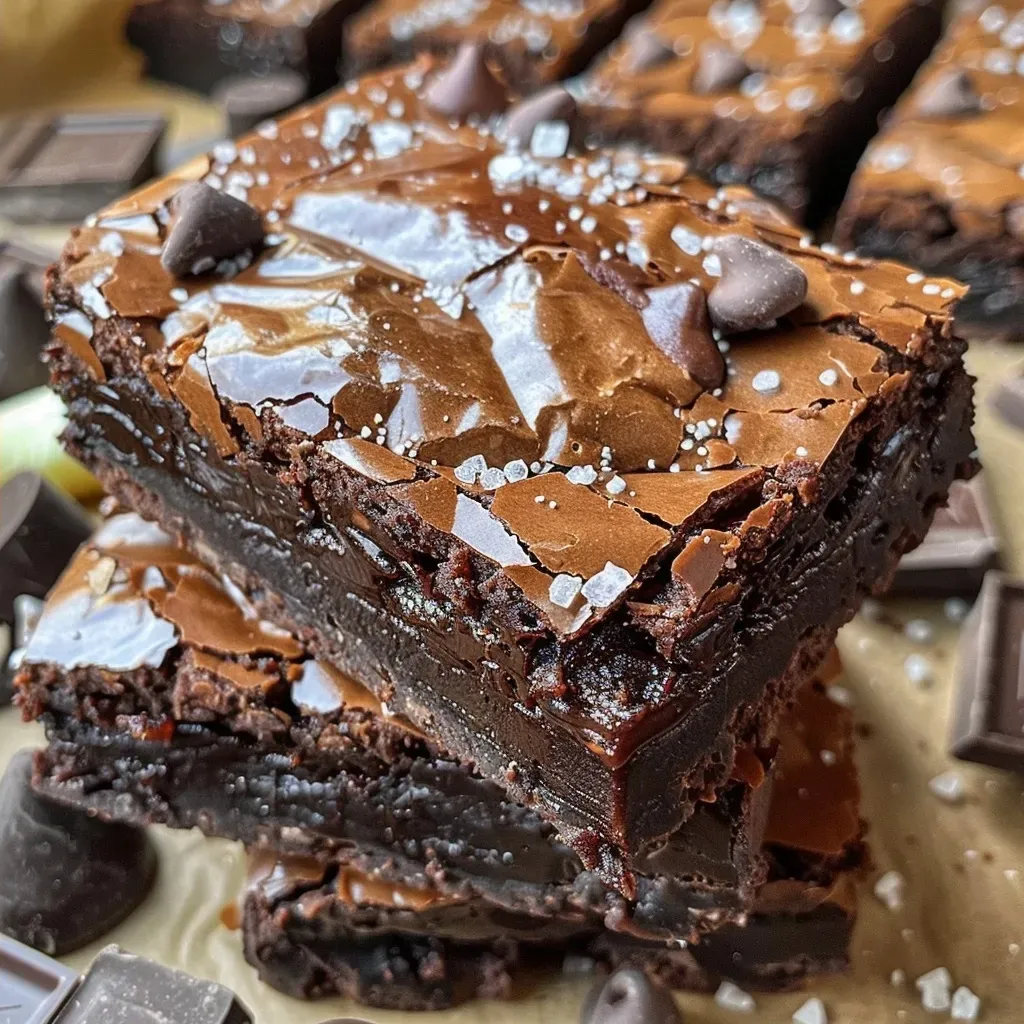 ['Close-up side view of rich, fudgy triple chocolate brownies with melted chocolate layers.', 'Juicy, decadent brownies loaded with chocolate chips and a glossy top.', 'A side view showcasing gooey triple chocolate brownies with a sprinkle of flaky salt.', 'Fudgy chocolate brownies stacked, revealing layers of dark, milk, and white chocolate.']