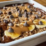 ['A close-up view of baked oatmeal featuring chocolate, peanut butter, and banana.', 'Side view of a rich, chocolatey oatmeal dish with banana and peanut butter toppings.', 'Juicy Double Chocolate Peanut Butter Banana Baked Oatmeal served in a bowl.', 'A deliciously textured slice of baked oatmeal highlighted with chocolate chips and peanut butter.']