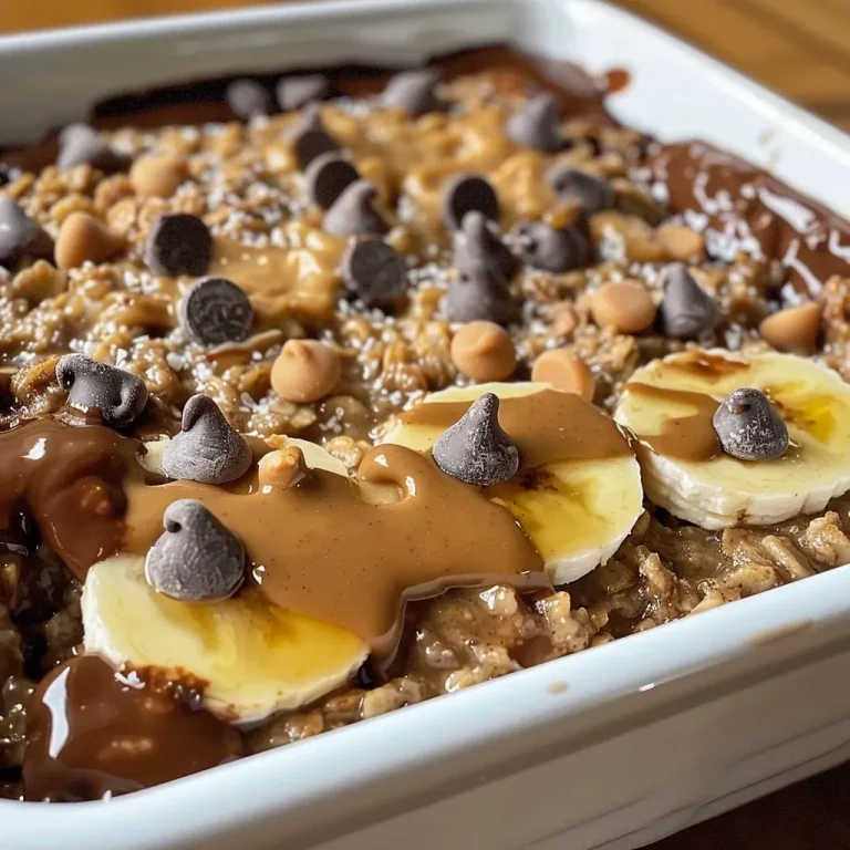 ['A close-up view of baked oatmeal featuring chocolate, peanut butter, and banana.', 'Side view of a rich, chocolatey oatmeal dish with banana and peanut butter toppings.', 'Juicy Double Chocolate Peanut Butter Banana Baked Oatmeal served in a bowl.', 'A deliciously textured slice of baked oatmeal highlighted with chocolate chips and peanut butter.']