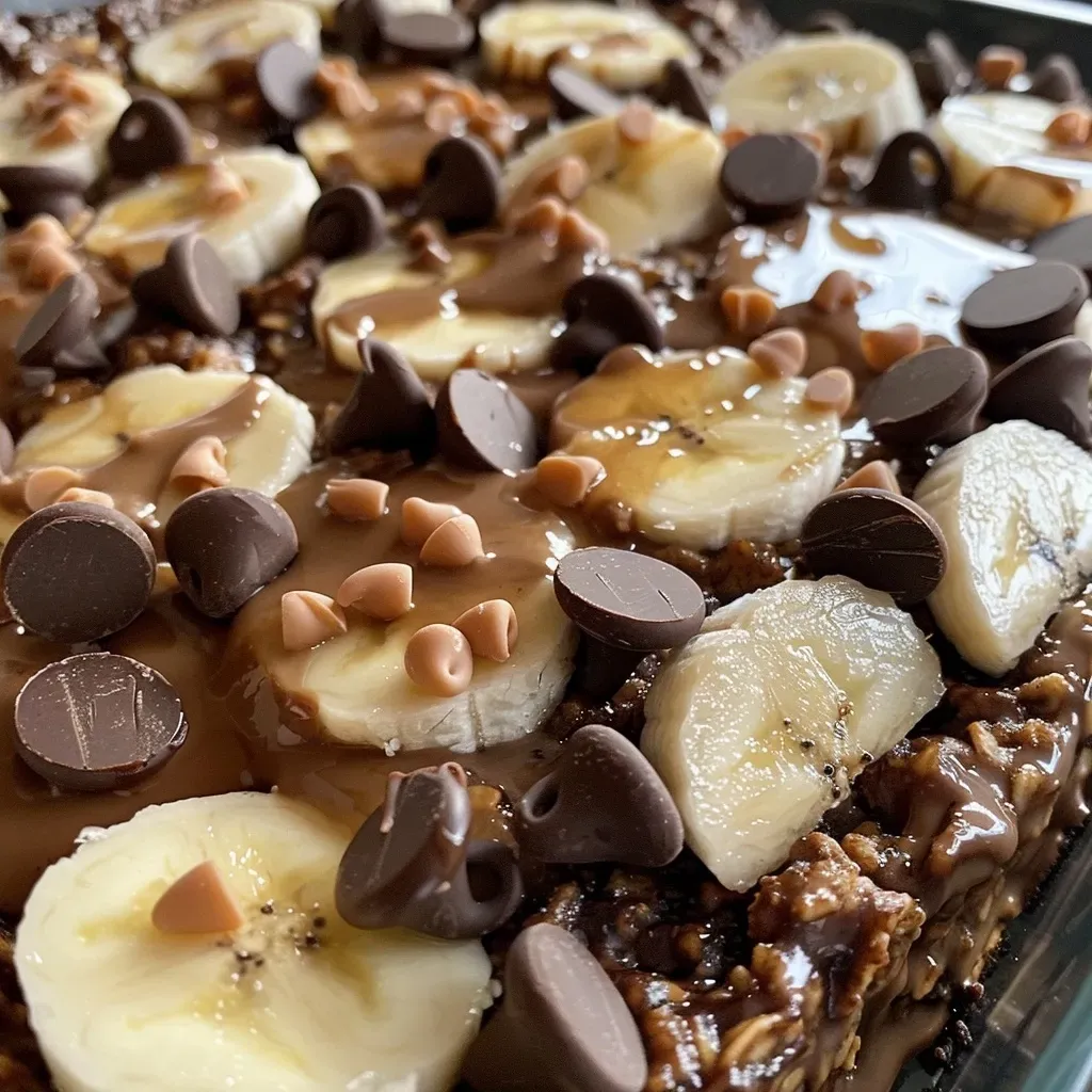 ['A close-up view of baked oatmeal featuring chocolate, peanut butter, and banana.', 'Side view of a rich, chocolatey oatmeal dish with banana and peanut butter toppings.', 'Juicy Double Chocolate Peanut Butter Banana Baked Oatmeal served in a bowl.', 'A deliciously textured slice of baked oatmeal highlighted with chocolate chips and peanut butter.']