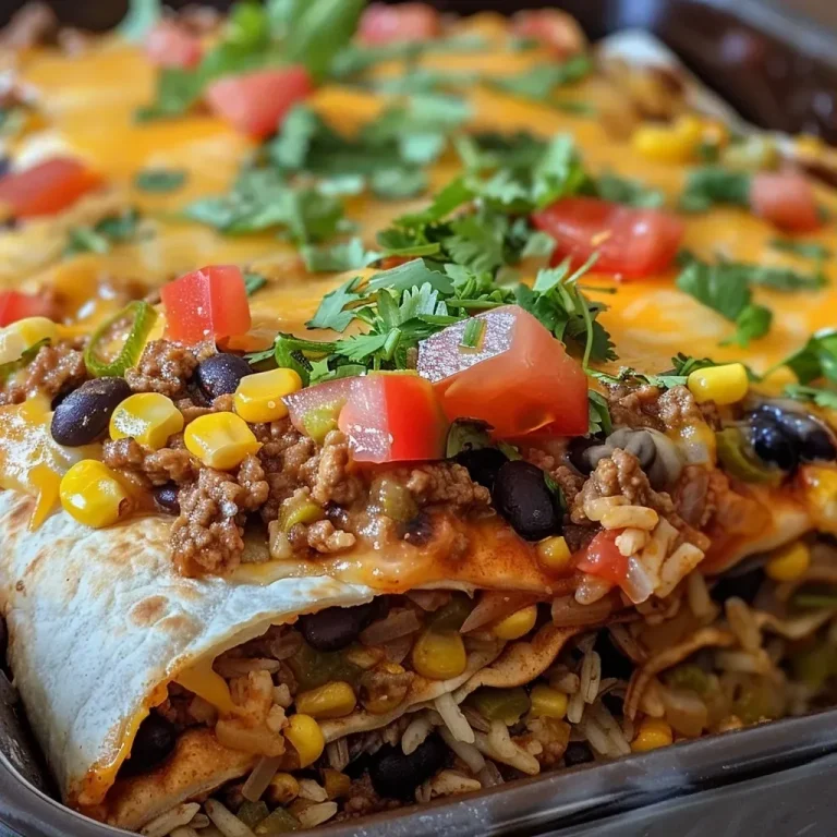 ['Close-up view of a beef burrito casserole bake topped with cheese and fresh cilantro.', 'Side shot of a layered beef casserole bake with visible ingredients like ground beef and black beans.', 'Juicy beef burrito casserole loaded with cheese, rice, and beans, served in a baking dish.', 'Delicious beef burrito casserole with garnishes, showcasing layers of tortillas and toppings.']