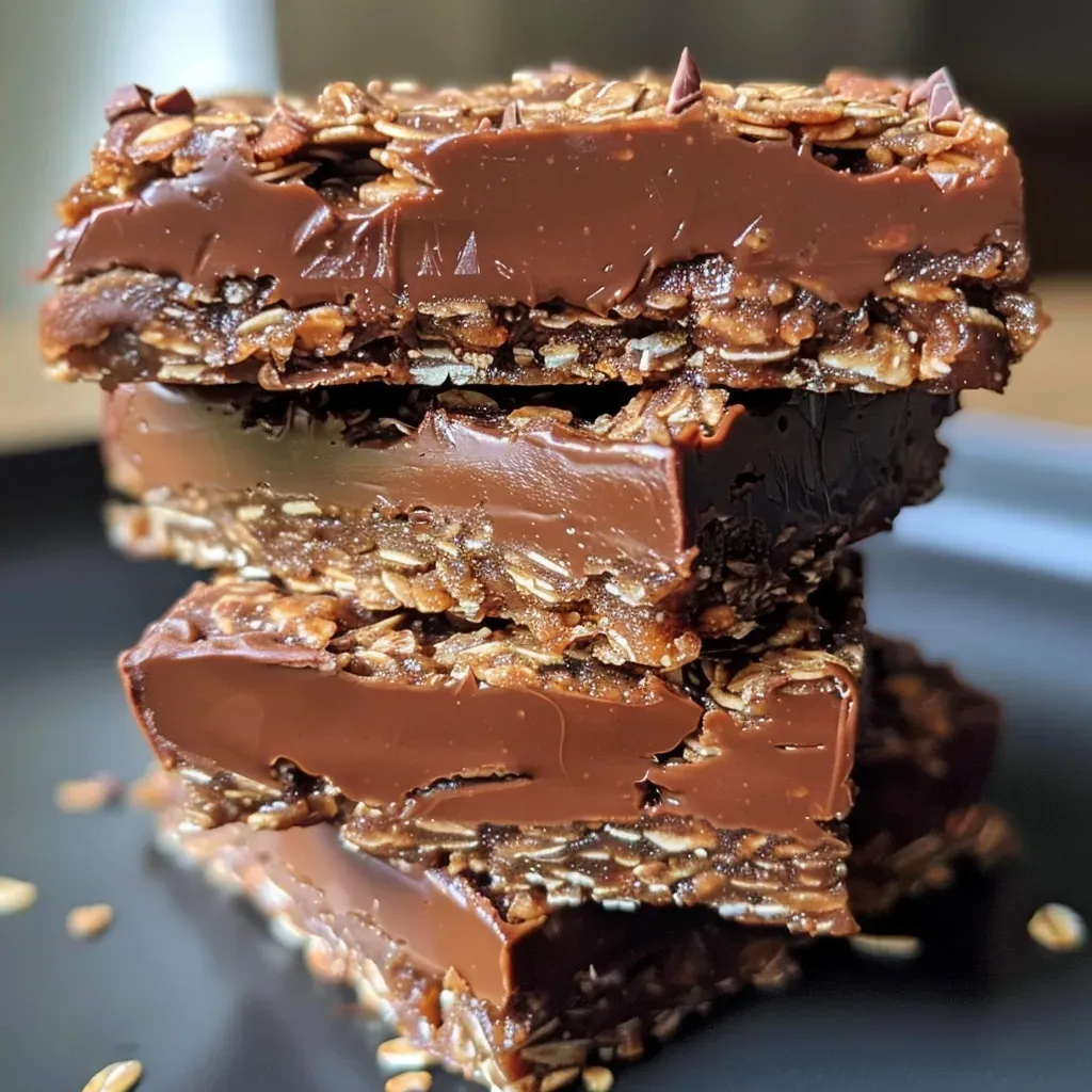 Close-up of a slice of chocolate oat bar on a plate, showcasing its texture.