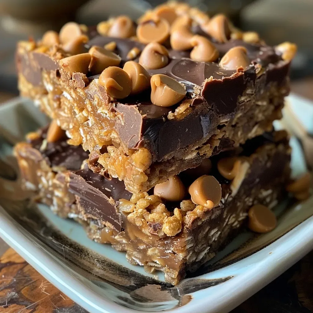 ['Close-up view of chocolate peanut butter crunch bars on a plate, showing a textured surface.', 'Side view of vegan chocolate peanut butter crunch bars with a glossy chocolate coating.', 'Juicy, layered chocolate peanut butter crunch bars displayed on a wooden surface.', 'A delicious slice of chocolate peanut butter crunch bars with crispy rice cereal visible.']