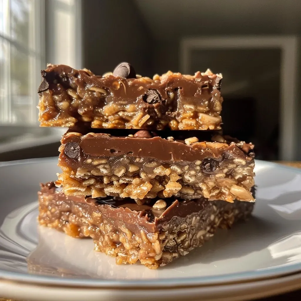 ['Close-up view of chocolate peanut butter crunch bars on a plate, showing a textured surface.', 'Side view of vegan chocolate peanut butter crunch bars with a glossy chocolate coating.', 'Juicy, layered chocolate peanut butter crunch bars displayed on a wooden surface.', 'A delicious slice of chocolate peanut butter crunch bars with crispy rice cereal visible.']