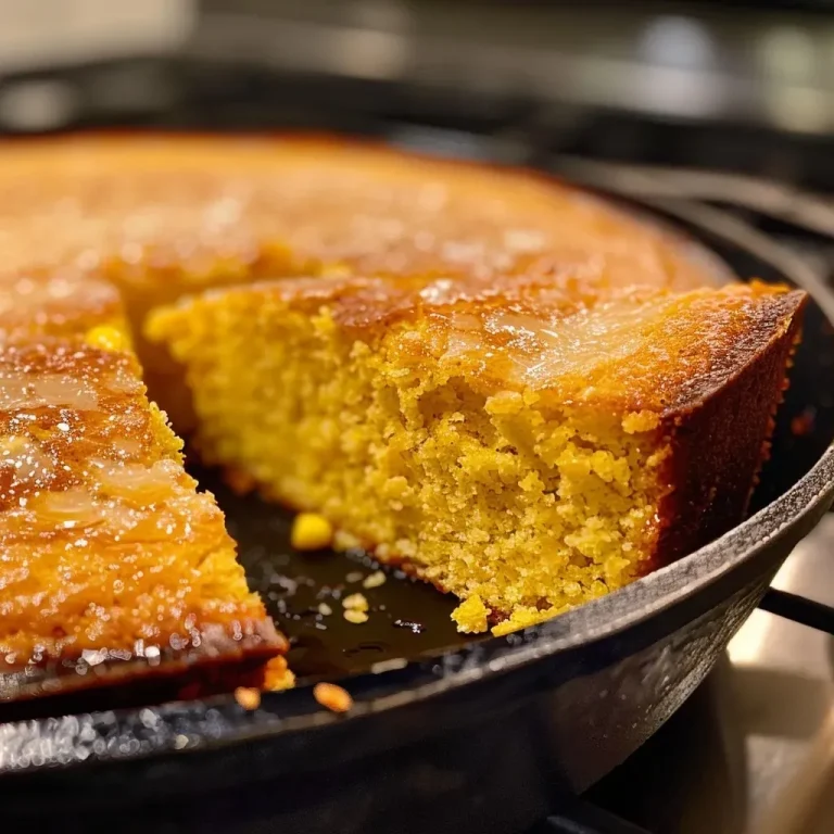 ['Close-up of a golden-brown Easy Skillet Cornbread sliced on a wooden cutting board.', 'Side view of freshly baked Easy Skillet Cornbread with a drizzle of honey.', 'Juicy Easy Skillet Cornbread showing a soft texture and crispy edges, served in a skillet.', 'Delicious Easy Skillet Cornbread presented in a cast iron skillet with a rustic background.']