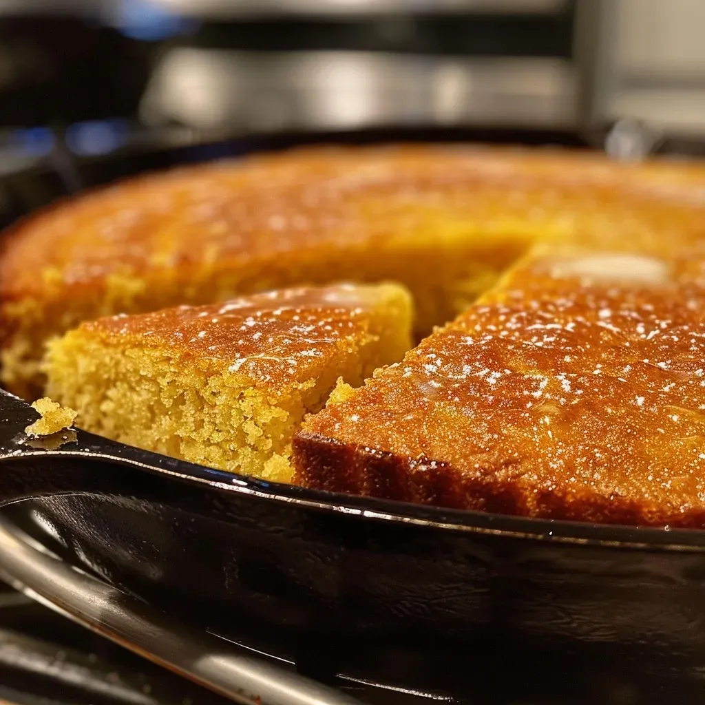 ['Close-up of a golden-brown Easy Skillet Cornbread sliced on a wooden cutting board.', 'Side view of freshly baked Easy Skillet Cornbread with a drizzle of honey.', 'Juicy Easy Skillet Cornbread showing a soft texture and crispy edges, served in a skillet.', 'Delicious Easy Skillet Cornbread presented in a cast iron skillet with a rustic background.']