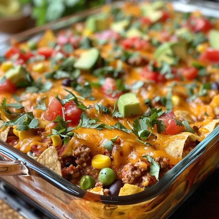 ['A close-up side view of a juicy Easy Taco Bake Casserole topped with fresh ingredients.', 'Delicious Easy Taco Bake Casserole displayed with melted cheese and colorful toppings.', 'Juicy Easy Taco Bake Casserole featuring layers of tortillas, meat, and vibrant toppings.', 'Close-up photo of a cheesy Easy Taco Bake Casserole showing toppings like avocado and cilantro.']