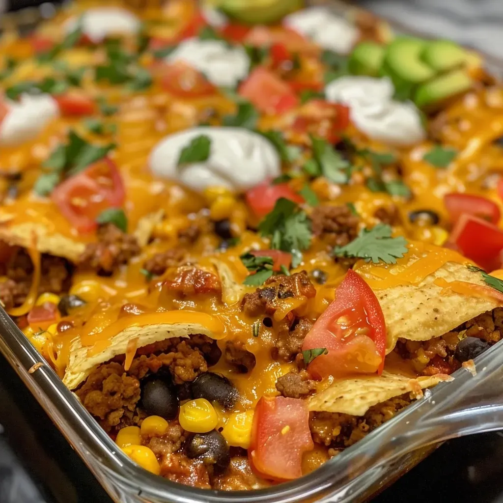 A close-up side view of a juicy Easy Taco Bake Casserole topped with fresh ingredients.
