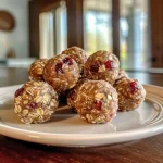 ['Close-up view of toasted coconut and macadamia energy bites arranged on a plate.', 'Side view of energy bites featuring shredded coconut and macadamia nuts.', 'Juicy energy bites made with oats and coconut, captured in detail.', 'A cluster of energy bites showcasing a mix of nuts and coconut textures.']