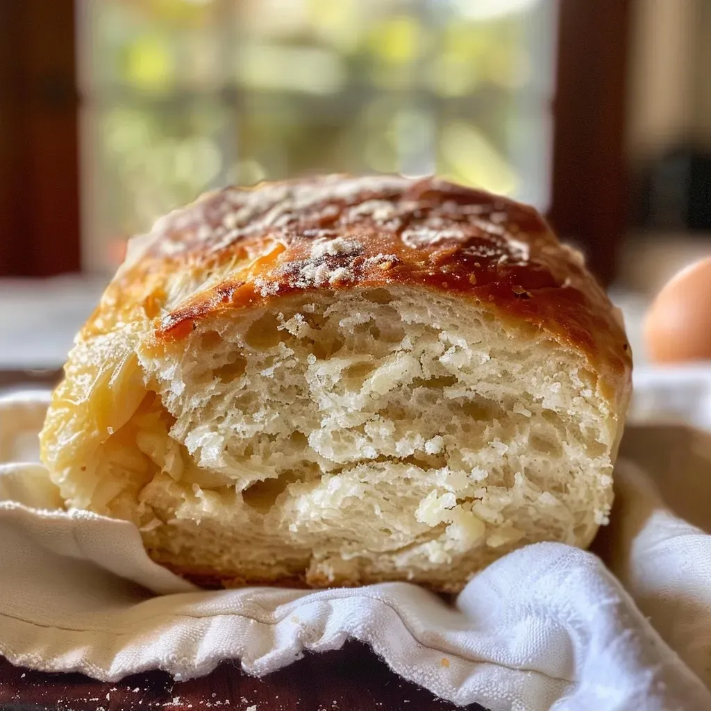 ['Close-up of golden-brown farmhouse potato bread, showcasing a crusty exterior.', 'Side view of freshly baked potato bread with a soft texture and shiny crust.', 'Detailed shot of potato bread highlighting its fluffy interior and crispy outer layer.', 'Appetizing view of homemade farmhouse potato bread, emphasizing its baked perfection.']