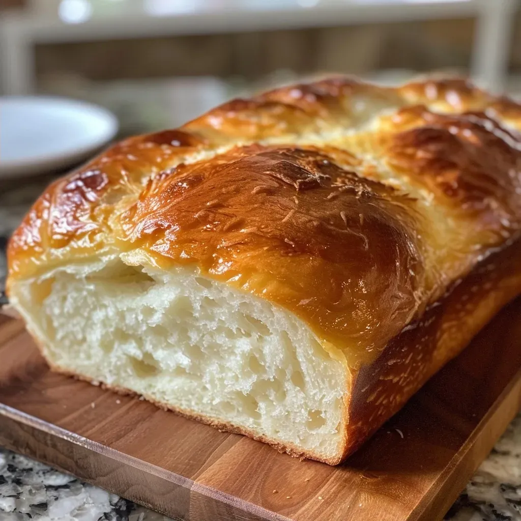 Close-up of golden-brown Farmhouse Potato Bread with a crusty surface and soft interior.