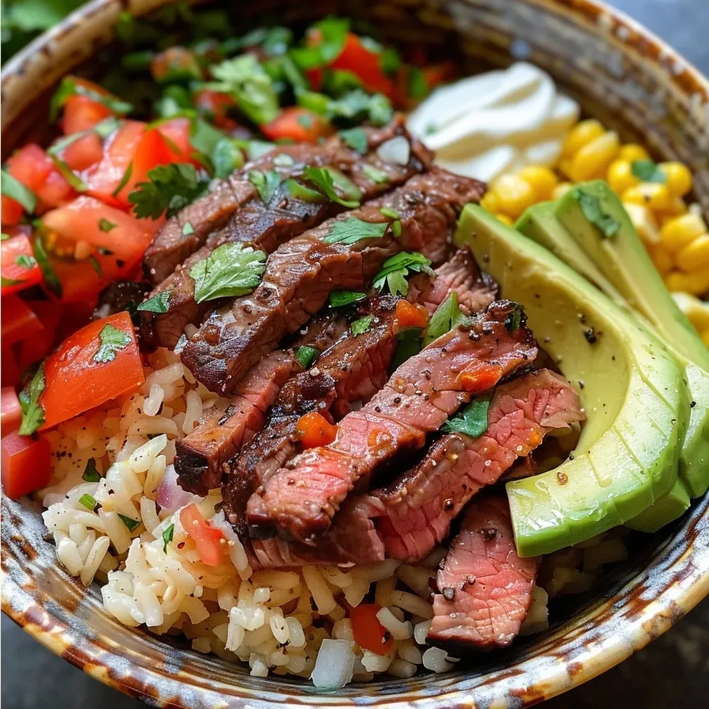 ['Close-up view of a Flank Steak Bowl featuring sliced steak and colorful toppings.', 'Side view of a delicious Flank Steak Bowl with vibrant ingredients like avocado and tomatoes.', 'Juicy Flank Steak Bowl showcasing ingredients arranged in a bowl, including rice and beans.', 'Detailed shot of a Flank Steak Bowl filled with flank steak, corn, and fresh cilantro.']